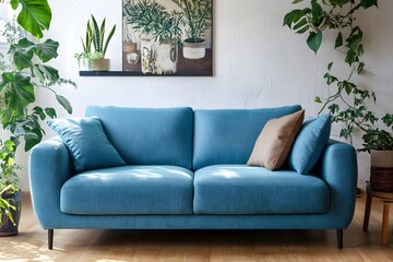 Contemporary classic white interior with blue velour sofa, marble coffee tables and moldings. 3d render illustration mockup.
