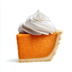 A slice of pumpkin pie topped with whipped cream, isolated on a white background.