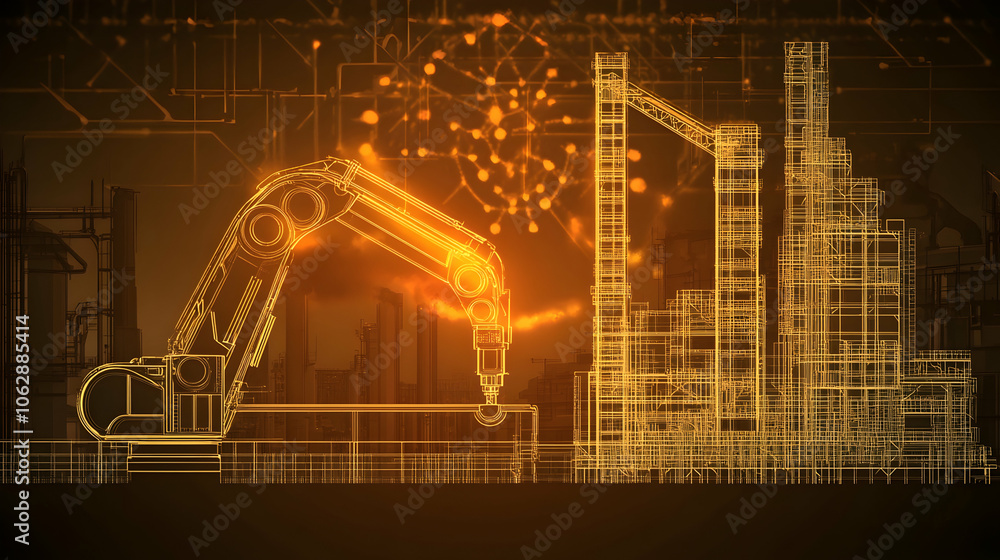 Poster robotic arm working in a factory with glowing lines and dots representing automation.