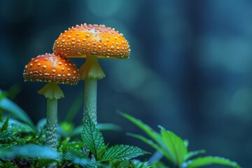 Close up of raw mushrooms on dark background with high contrast and space for text or inscriptions