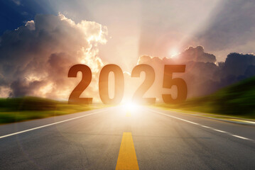 New Year 2025 or straightforward concept. 2025 Number was written in the middle of the asphalt road...