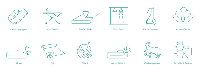 Measuring Tapes, Iron Boards, Fabric Chalk, Cloth Rack, Fabric Steamer, Cotton Cloth, Linen, Silk, Wool, Hemp Fabric, Cashmere Wool, Durable Polyester Icon Set
