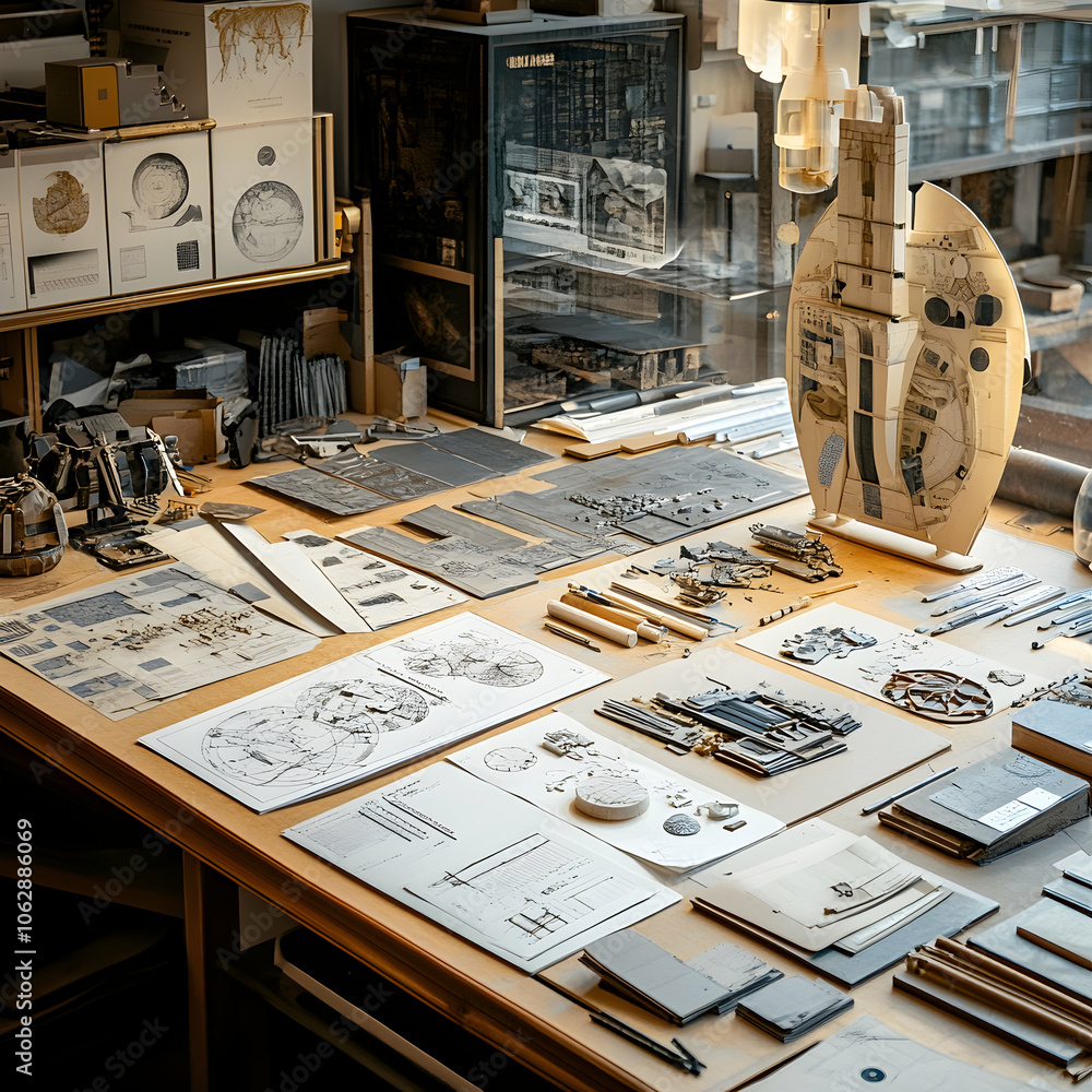 Poster a cluttered work table with various tools, materials and design sketches.