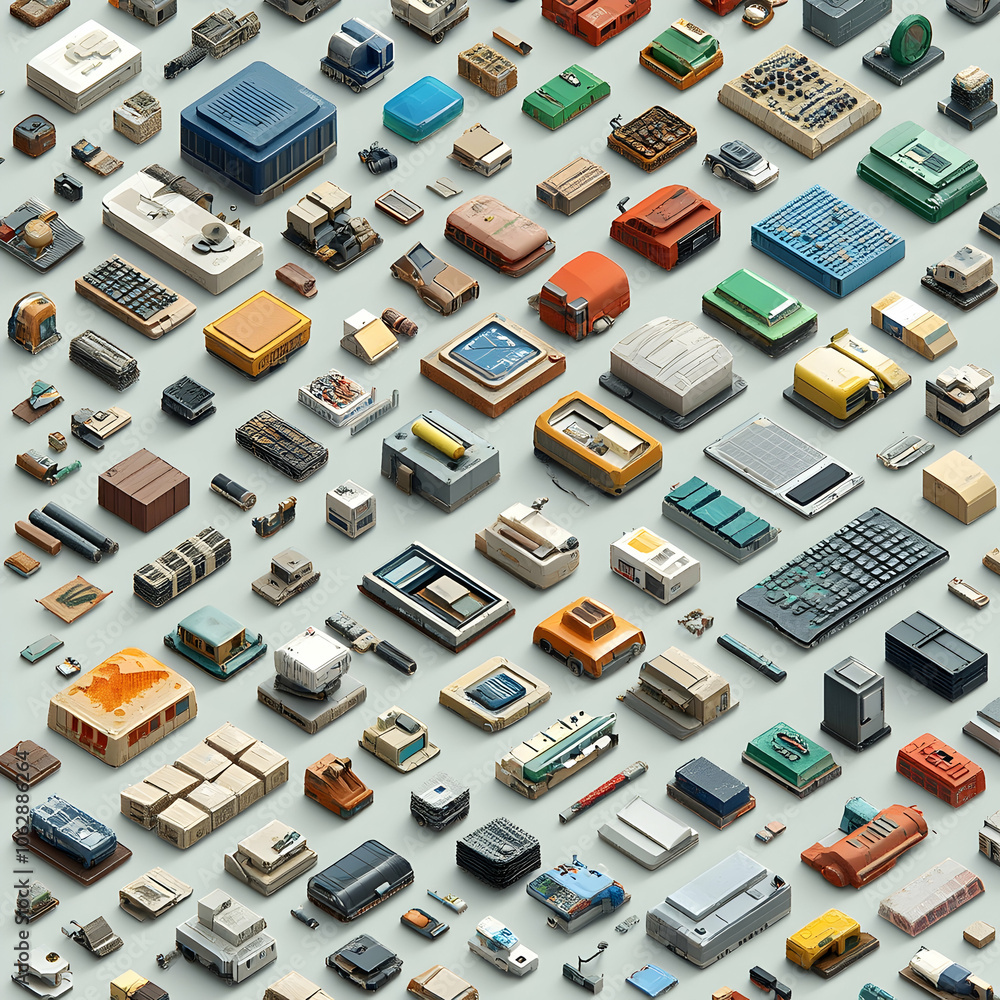 Poster a colorful pattern of isometric icons representing old technology from the 80s and 90s.