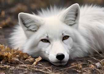 A white fox is lying down