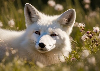 A white fox is lying down