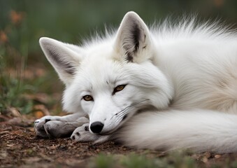 A white fox is lying down