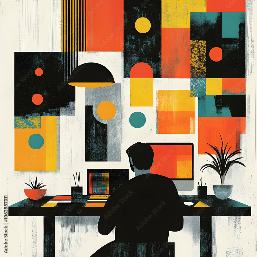 Aufkleber a man sits at a desk in front of a computer, with a colorful abstract background.