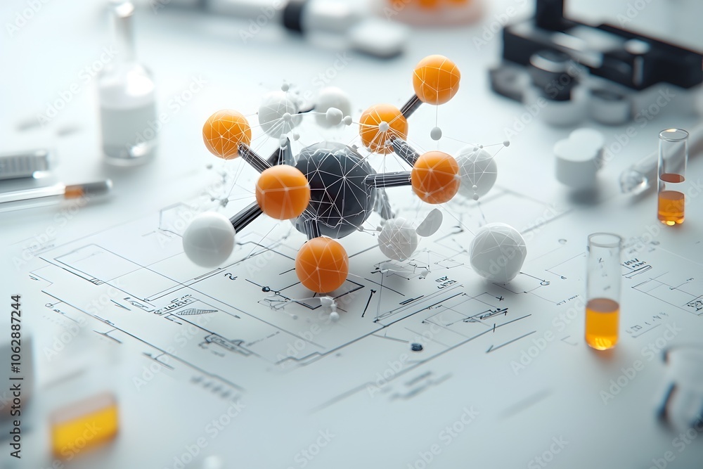 Poster intricately rendered molecular model showcasing the dynamic and intricate nature of organic compound