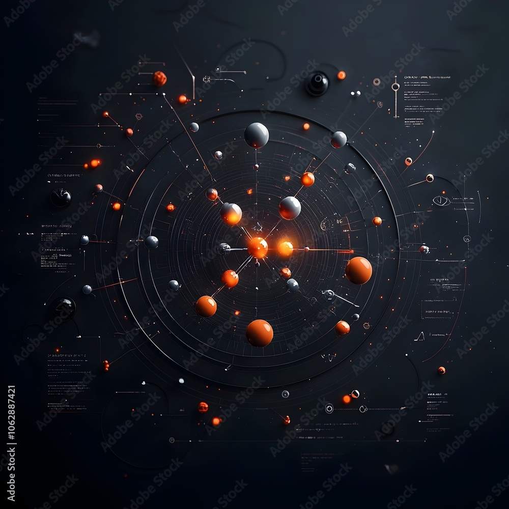 Poster elegant circular molecular model with glowing subatomic particles and prismatic energy fields ethere