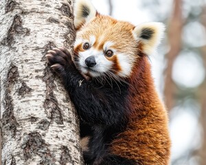 Obraz premium Red panda climbing a tree in a natural habitat.