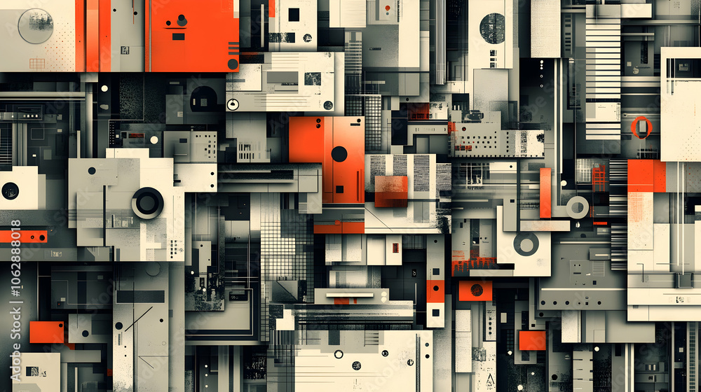 Poster abstract geometric pattern with red and gray squares.