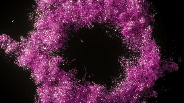 Purple round circle shape explosion with red shiny particles like a smok on a black and dark background. Holiday background. 3D animation footage.