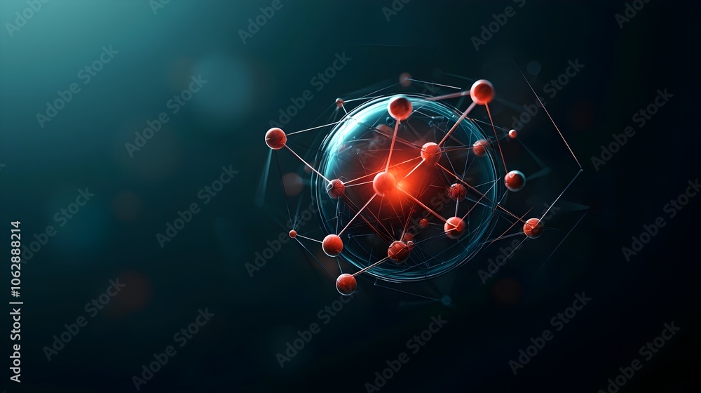 Poster intricate molecular orb with interconnected chemical bonds and translucent glowing spherical structu