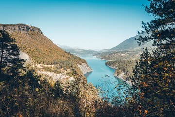 Hiking in autumn and discovery of the landscape of the Drac Himalayan footbridge, in Isère and the...