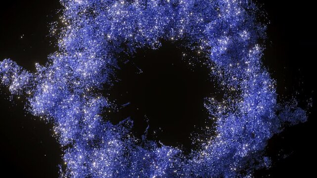 Blue round circle shape explosion with red shiny particles like a smok on a black and dark background. Holiday background. 3D animation footage.