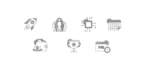 Fototapeta premium Event Planning and Coordination. Icons Included: Calendar with Event Marked, Calendar with Friday Marked, Group of People, Trophy with Star, Signpost with Multiple Directions