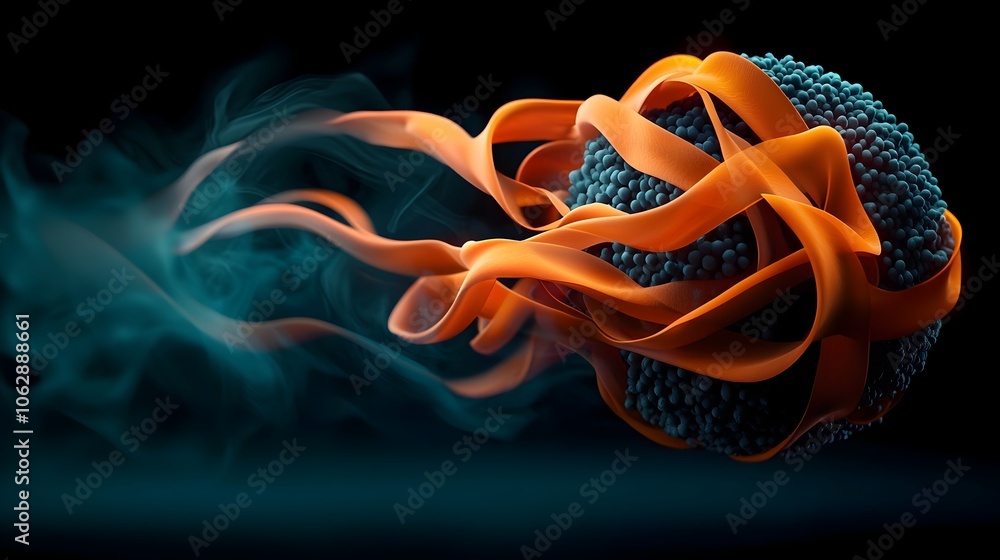 Poster captivating digital artwork depicting a spherical molecular structure with dynamic swirling patterns