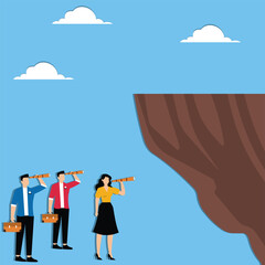 A team of businessmen are looking for business opportunities using binoculars to look at the mountains