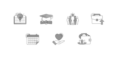 Personal Growth and Self-Improvement. Icons Included: Open Book with Lightbulb, Hand with Heart, Graduation Cap with Diploma, Briefcase with Arrow Up, Trophy with Star