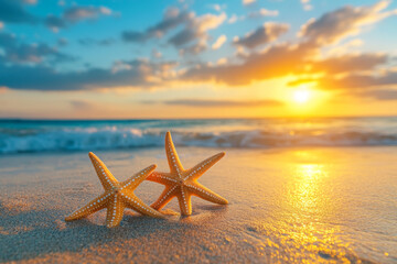 Two starfish on the beach at sunset, a beautiful seascape with a golden sun and blue sky. This image could be used as a concept for a summer vacation or travel idea stock photo.