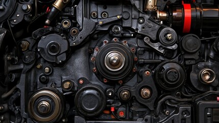 Fototapeta premium A close-up view of a complex engine assembly showcasing various mechanical components.