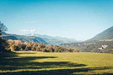 Hiking in autumn and discovery of the landscape of the Drac Himalayan footbridge, in Isère and the...