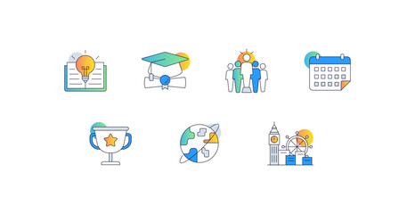 Education and Knowledge Development. Icons Included: Graduation Cap with Diploma, Open Book with Lightbulb, Trophy with Star, Group of People, Calendar with Event Marked
