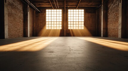 Spacious industrial loft with sunbeams streaming through large windows, creating a warm ambiance.
