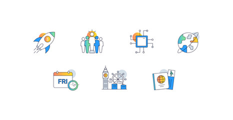 Travel and Exploration. Icons Included: Passport with Boarding Pass, Globe with Orbit, Landmark with Ferris Wheel, Calendar with Friday Marked, Signpost with Multiple Directions