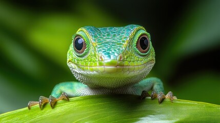 Fototapeta premium Close-up of a vibrant green lizard on a leaf.