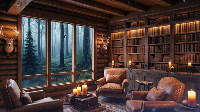 Cozy log cabin living room with large windows overlooking a misty forest, leather armchairs, a bookshelf filled with books and candles on a table.
