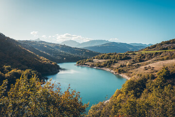 Hiking in autumn and discovery of the landscape of the Drac Himalayan footbridge, in Is&egrave;re and the Auvergne-Rh&ocirc;ne-Alpes region in France