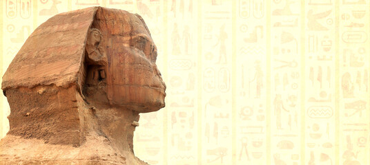 Grunge background with paper texture and famous Great Sphinx. Horizontal banner with ancient...