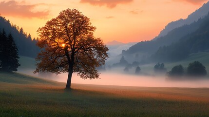 Fototapeta premium Majestic tree at sunset with misty mountains
