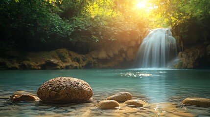 Tranquil waterfall with stones, natural scenery
