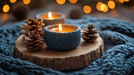 Candles with pine cones, cozy ambiance decor