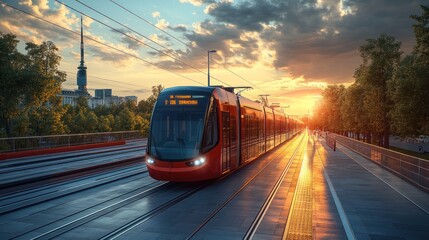 Obraz premium Sunset tram scene with vibrant colors and urban surroundings.