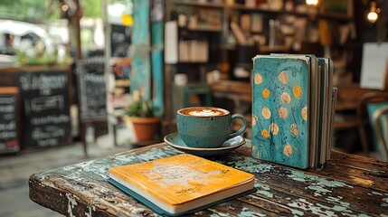 Coffee, notebooks on rustic wooden table.