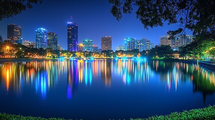 City skyline reflected in tranquil night water