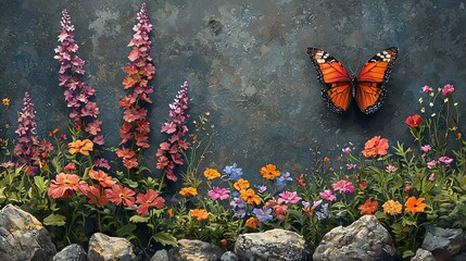 Colorful flowers and butterfly on textured background