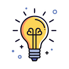 Bright light bulb illustration with glowing effect, Colorful illustration of a light bulb with glowing rays, symbolizing creativity, ideas, and inspiration, isolated on white background.