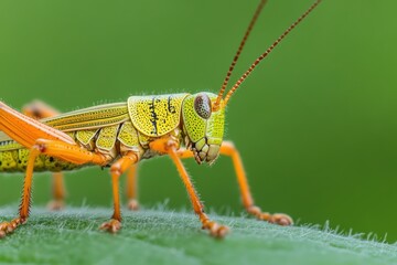 Naklejka premium A close-up image of a brightly colored grasshopper, showcasing intricate patterns and vibrant hues against a soft green background.