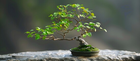 Naklejka premium A serene image of a small beech bonsai tree with its intricate branches and lush green leaves, placed on a smooth stone surface. The rich foliage stands out against the subtle background.