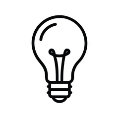 Light bulb outline icon in black and white, Simple black and white outline icon of a light bulb, symbolizing ideas, creativity, and innovation, isolated on a white background.
