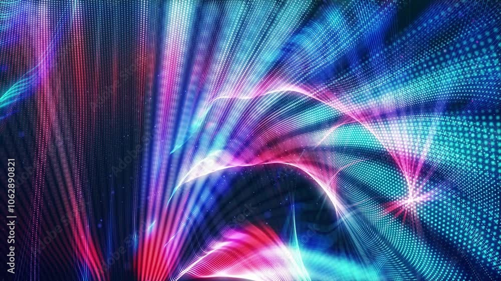 Poster complex glow structure. stunning curved surfaces composed of neon glow particles that form waves of 