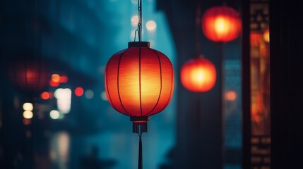 A serene evening scene featuring glowing red lantern in a misty urban setting.