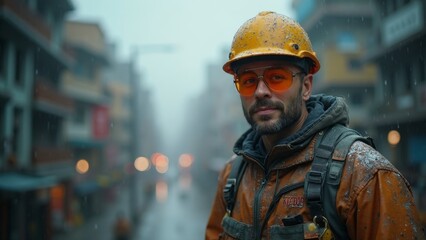 Urban construction worker in protective gear on a rainy city day