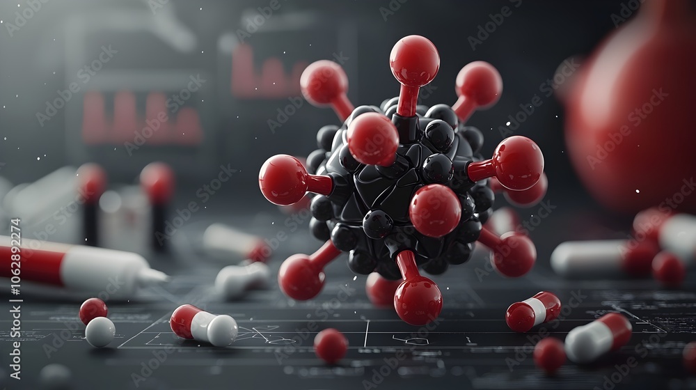 Poster captivating molecular structure a retro futuristic scientific depicting intricate spherical form wit
