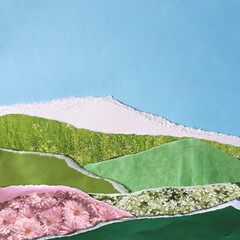 Colorful collage illustration made from torn pieces of vintage photos and paper. Floral meadows and green fields in applique technique. Praising the nature. Copy scape composition.